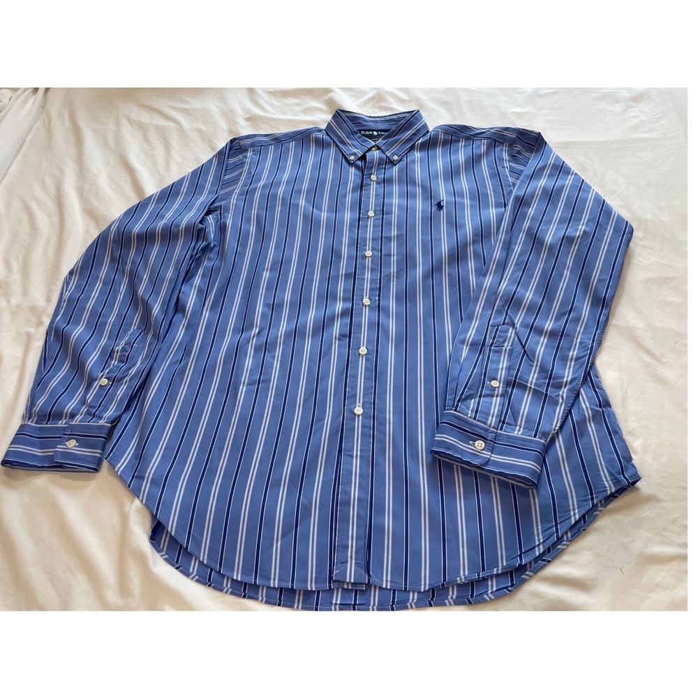 Ralph Lauren Classic Fit Mens Large Blue White Striped Cotton Button Down Shirt
